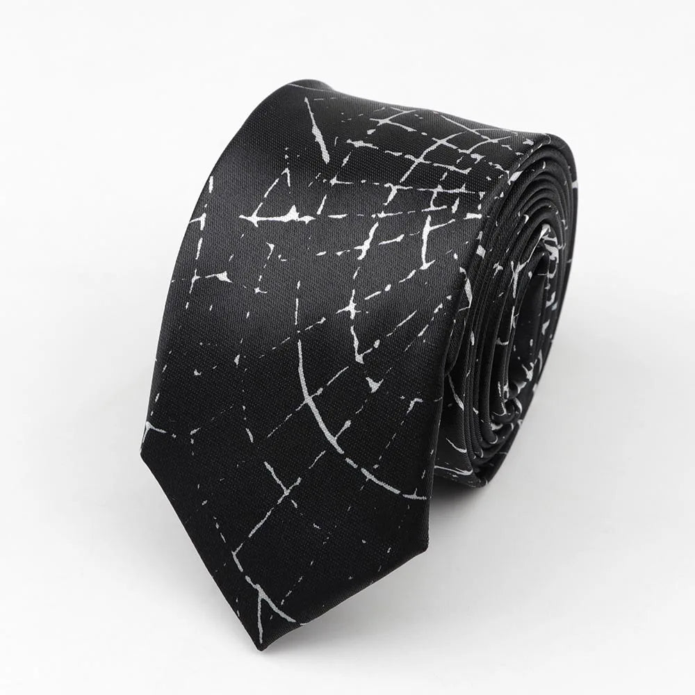 Black tie with white abstract line pattern classic fashion men’s skinny tie colorful width necktie party accessory polyester