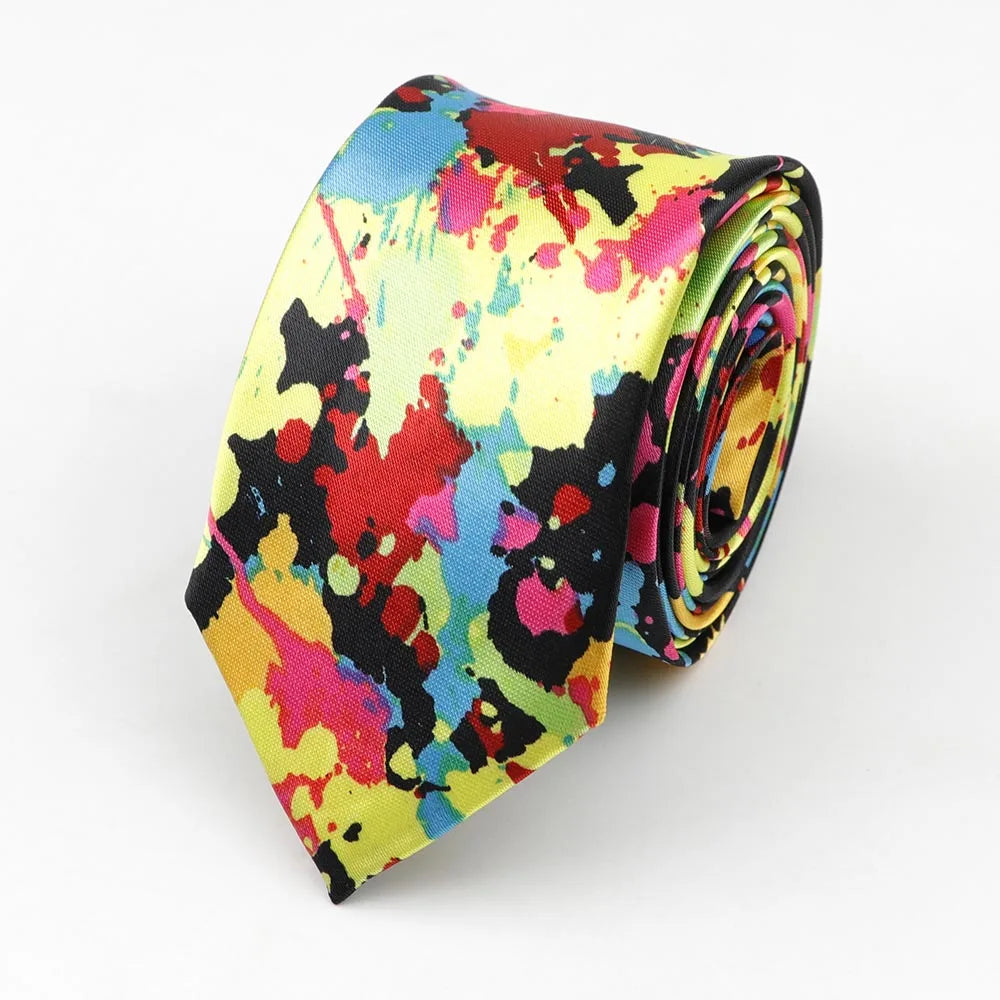 A classic fashion men’s skinny tie colorful abstract paint splatter design on smooth satin polyester 5cm width necktie party accessory