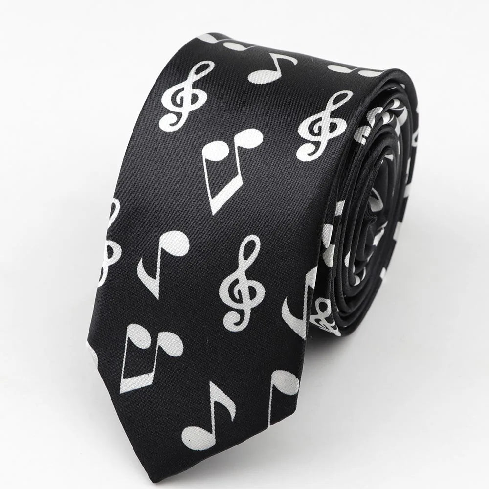 Black tie with colorful musical notes and treble clefs printed on polyester skinny tie 5cm width necktie party accessory