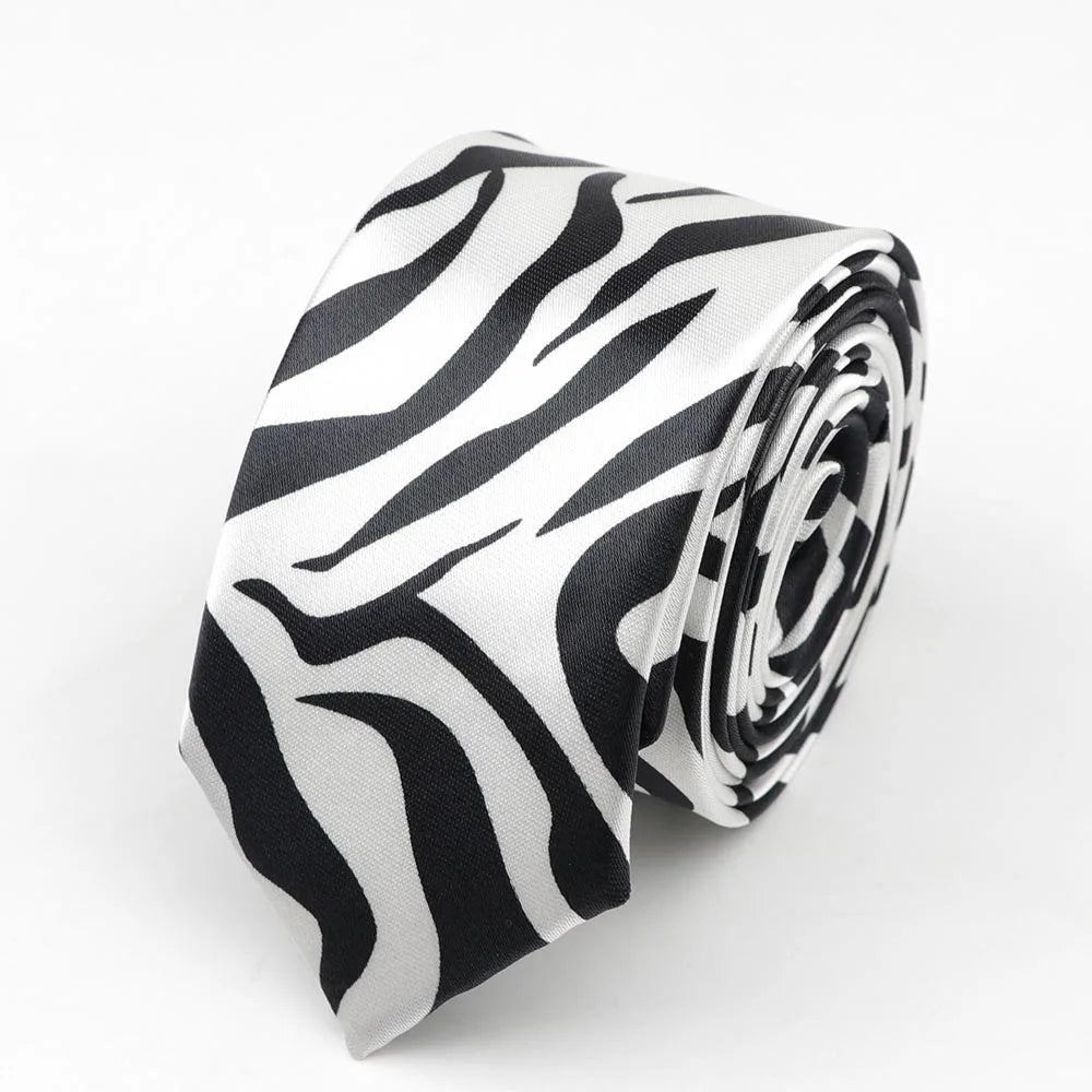 A sleek black and white zebra-striped silk skinny tie colorful printed necktie party accessory 5cm width