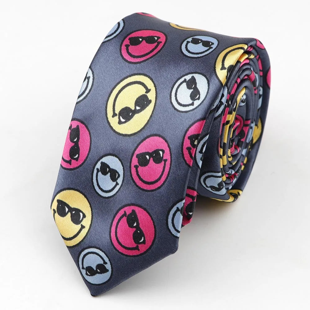 Dark gray polyester skinny tie colorful with playful smiling faces wearing sunglasses 5cm width necktie party accessory