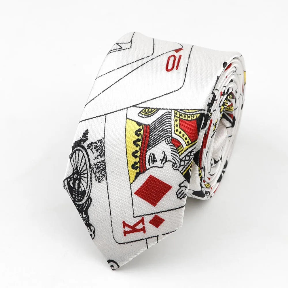 Classic fashion men’s white skinny tie with colorful musical notes printed playing cards design polyester width necktie party gift