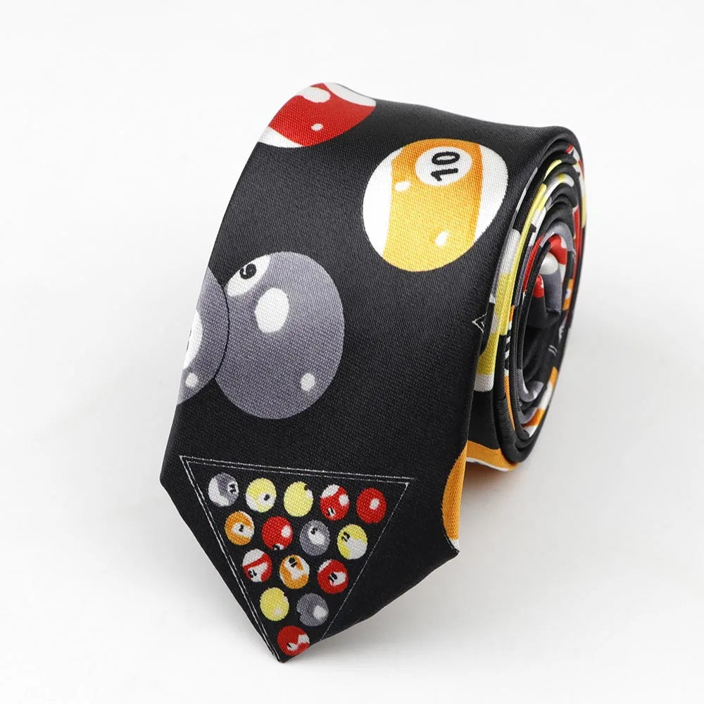 Black silk skinny tie with colorful billiard balls including yellow 10-ball and gray 8-ball for width necktie party accessory