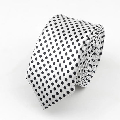 A sleek white satin skinny tie with black polka dots as a colorful musical notes printed width necktie party gift accessory