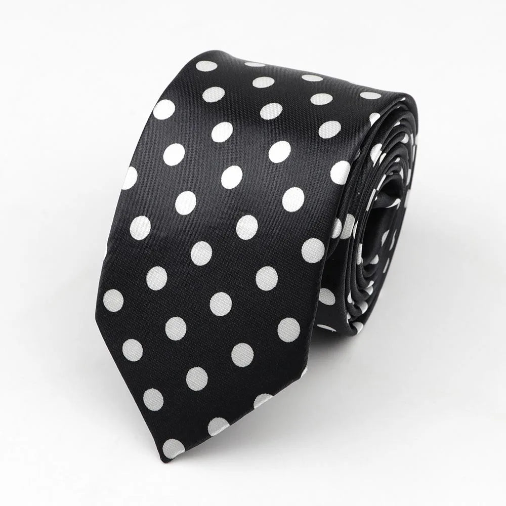 Black silk skinny tie with white polka dots contrast with colorful musical notes width necktie party accessory