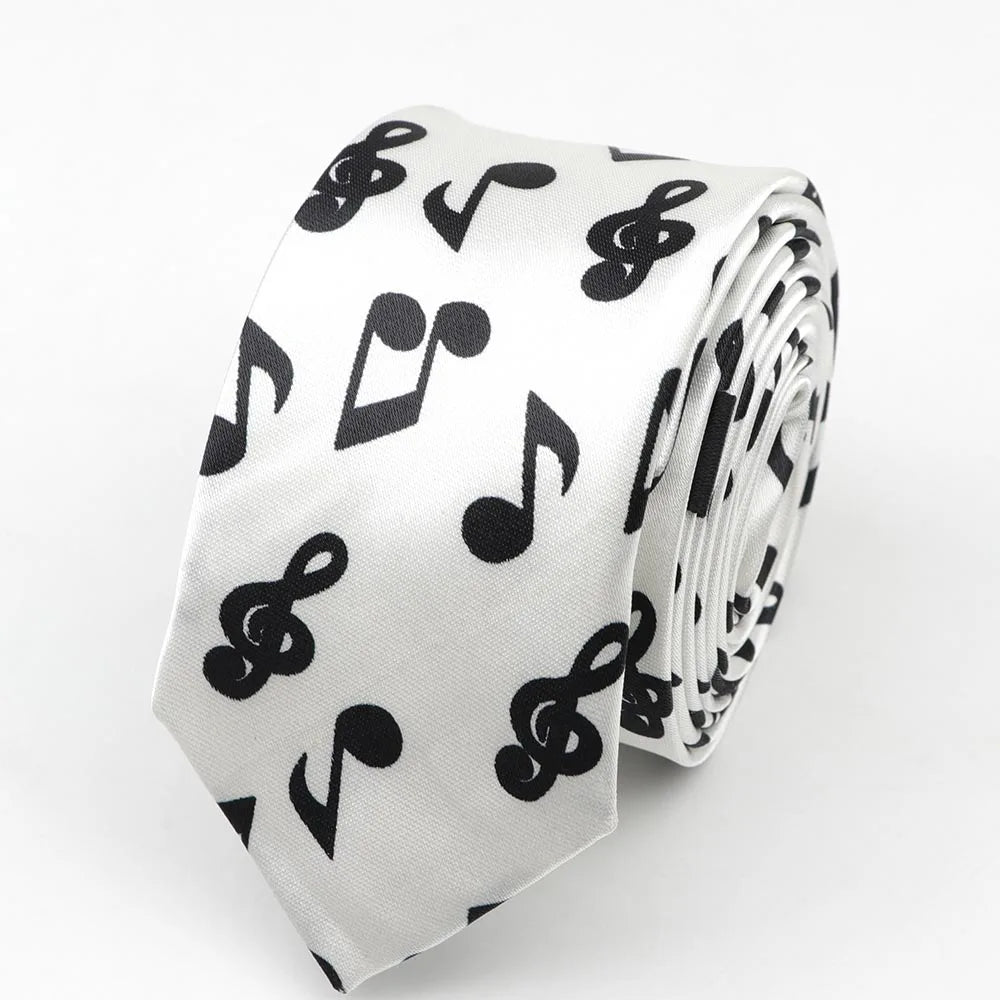 A sleek white polyester skinny tie colorful with black musical notes and treble clefs width necktie party accessory