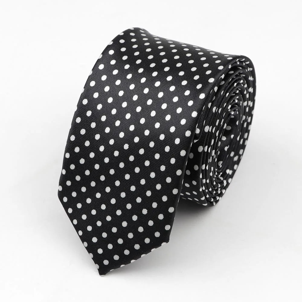 Black silk skinny tie with white polka dots classic width necktie party accessory in polyester material