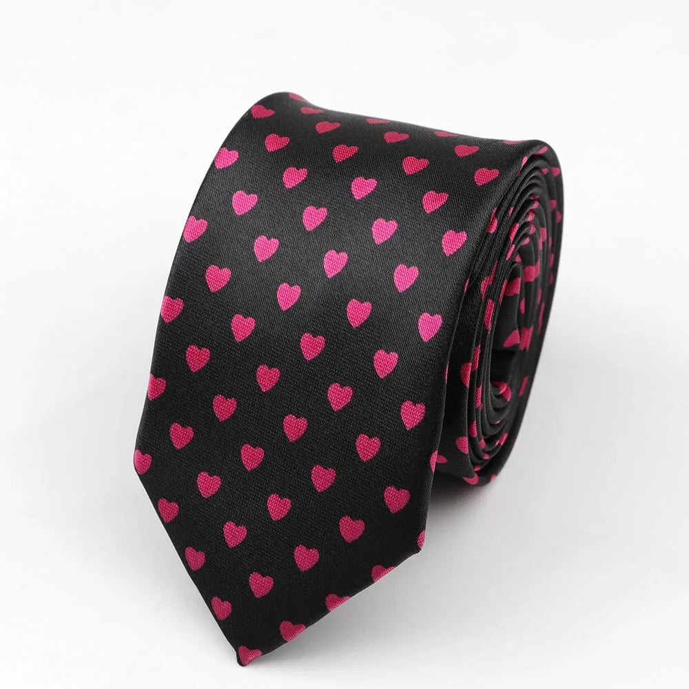 Black silk skinny tie with vibrant pink hearts pattern ideal for colorful musical notes width necktie party accessory