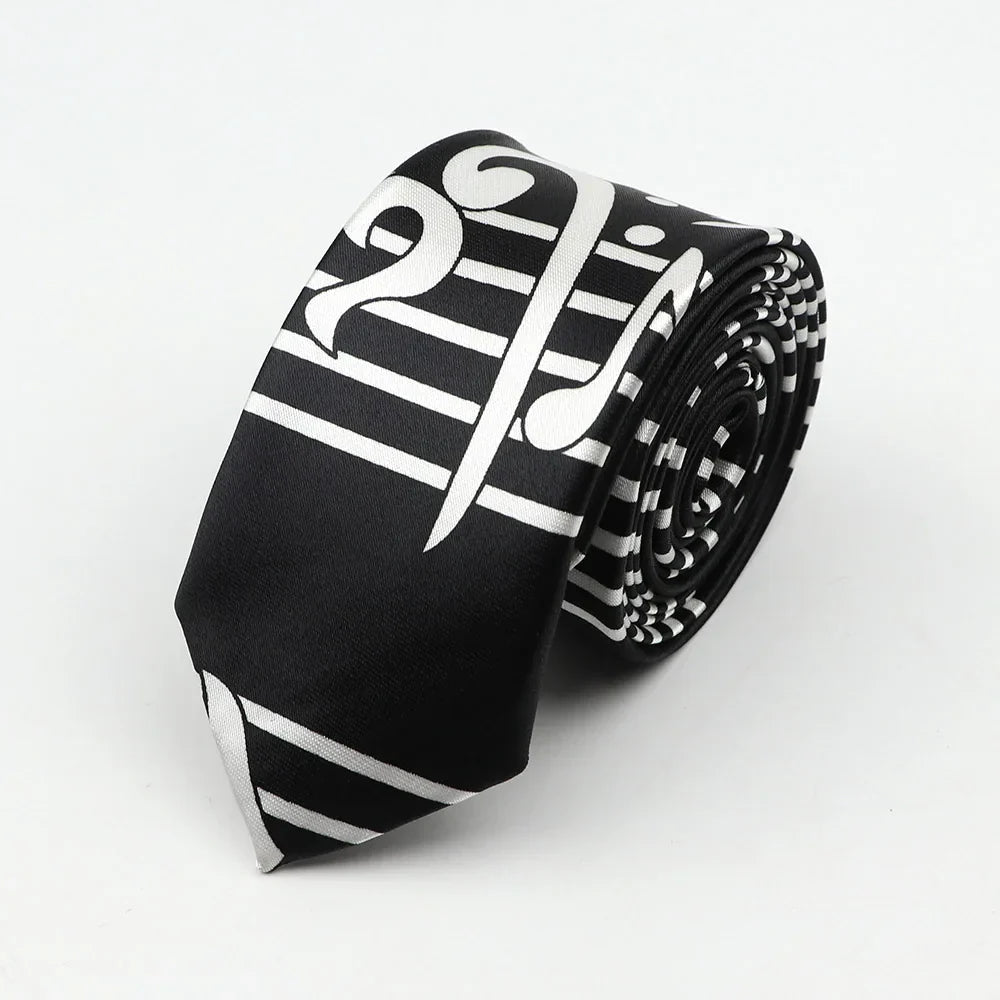 Black silk polyester skinny tie with colorful musical notes and staff lines 5cm width necktie party accessory