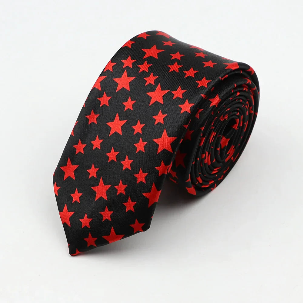 Black tie with vibrant red star pattern as a skinny tie colorful accessory perfect for width necktie party gift