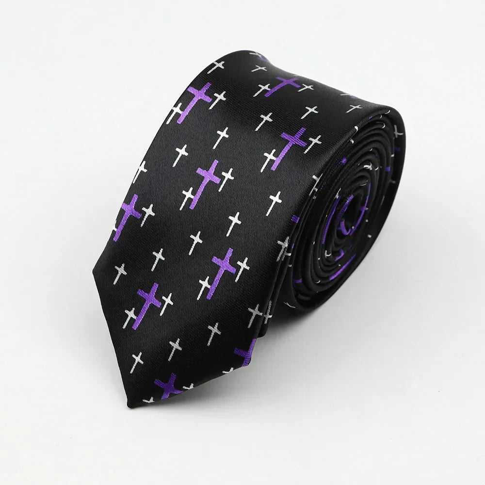 Black silk classic fashion skinny tie with white and purple crosses features a colorful pattern for width necktie party gift
