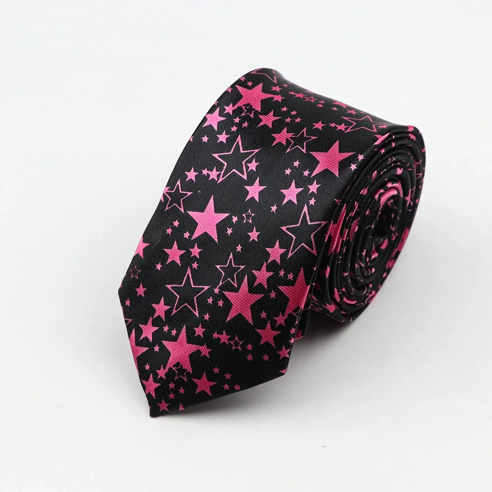 A sleek black polyester skinny tie colorful with vibrant pink stars pattern and 5cm width necktie party accessory