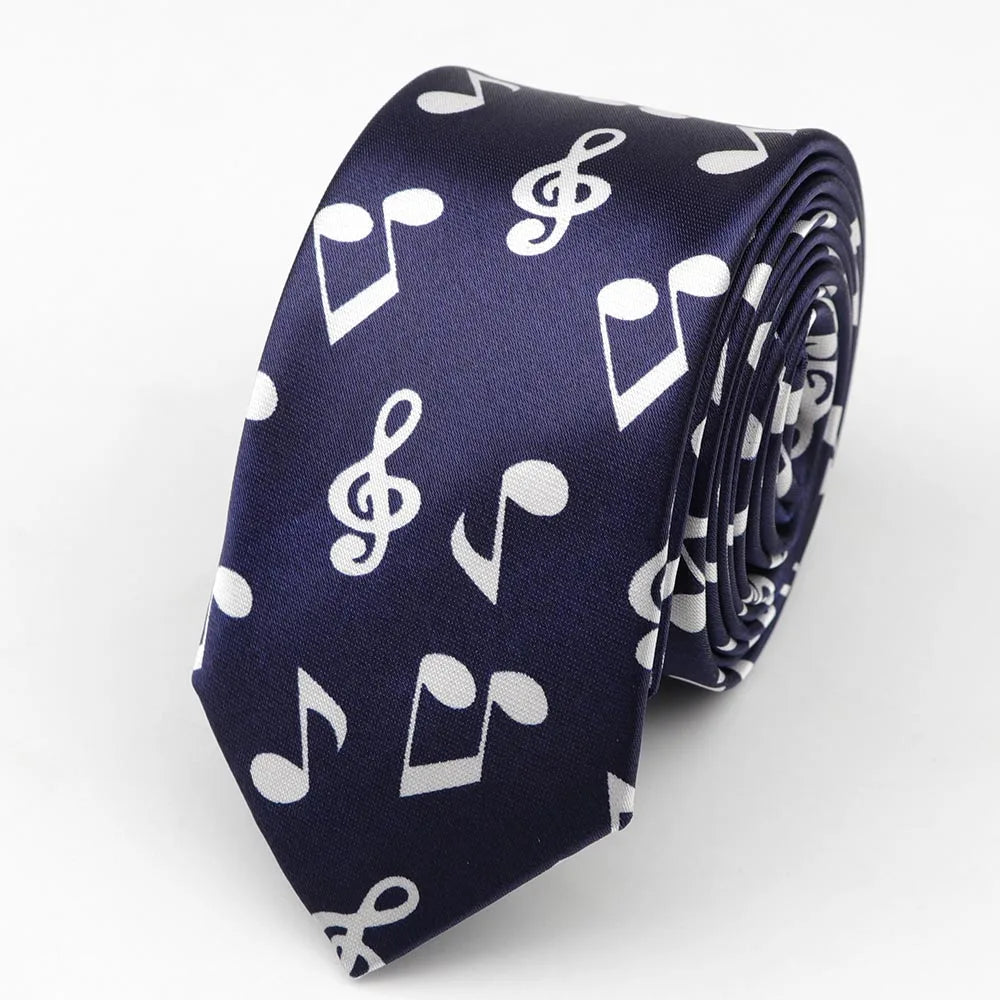 A navy blue silk skinny tie colorful with white musical notes and treble clefs polyester 5cm width necktie party accessory