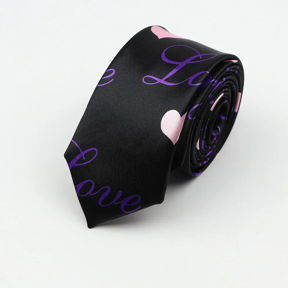Black silk skinny tie with purple love pattern and pink hearts, colorful width necktie party gift accessory