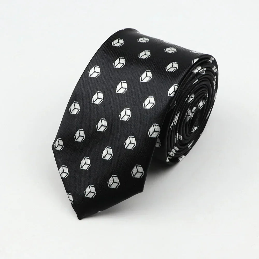 Black silk skinny tie with white geometric cubes pattern suitable as a colorful width necktie party gift accessory