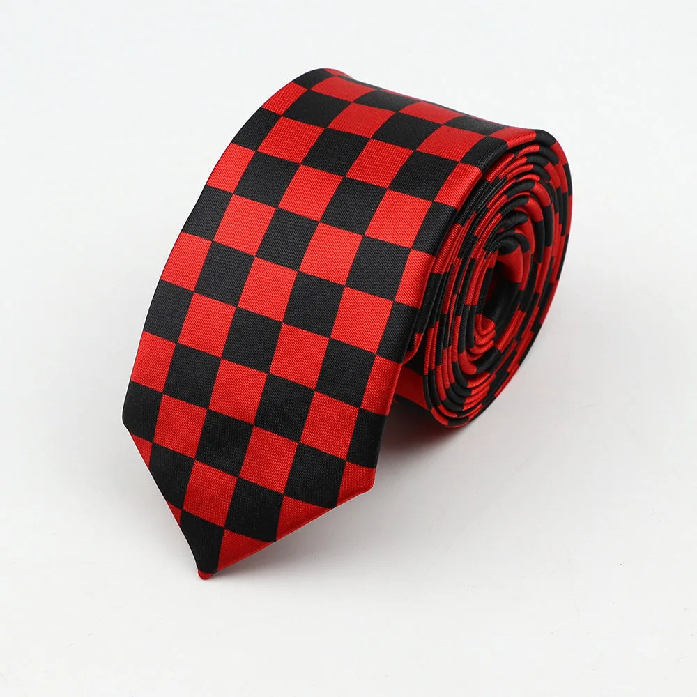 A sleek red and black checkered polyester skinny tie colorful with 5cm width necktie party accessory neatly rolled