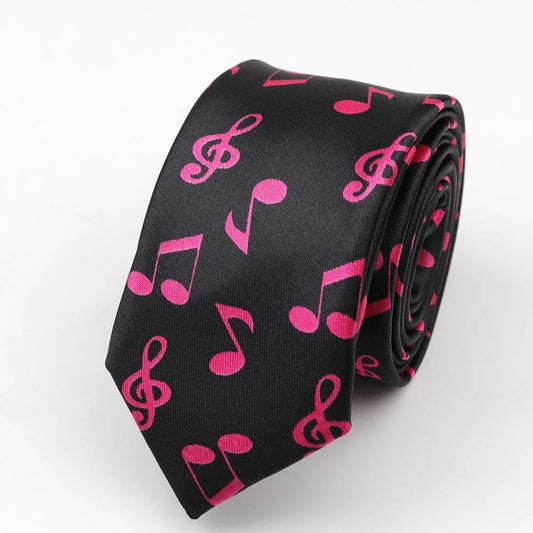 A sleek black silk skinny tie colorful with vibrant pink musical notes printed polyester width necktie party gift accessory