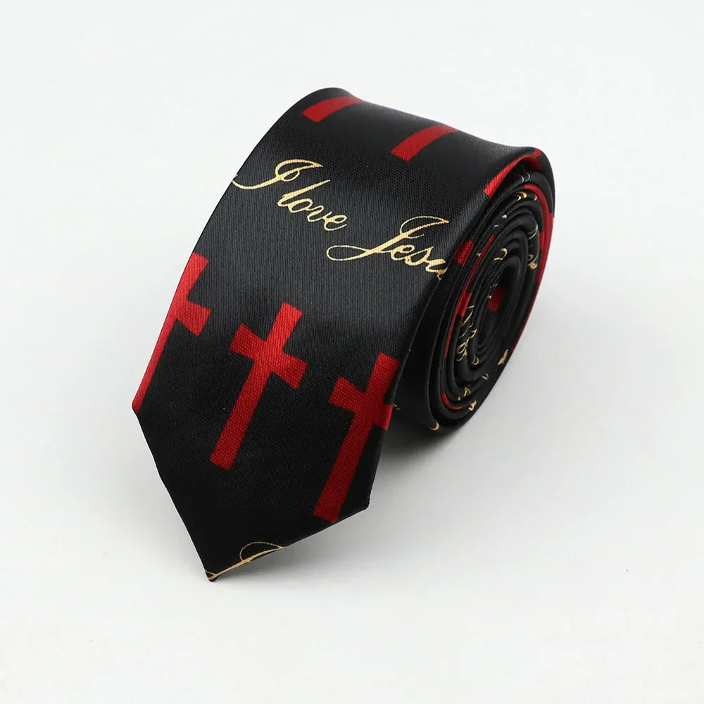 Black silk skinny tie with red crosses and gold i love jesus script perfect colorful width necktie party gift accessory