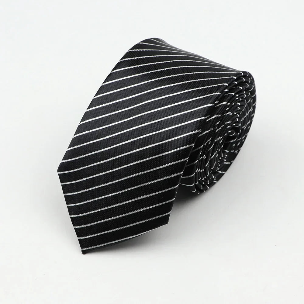 Black tie with fine white pinstripes crafted from smooth silk-like material for a colorful musical notes width necktie party accessory