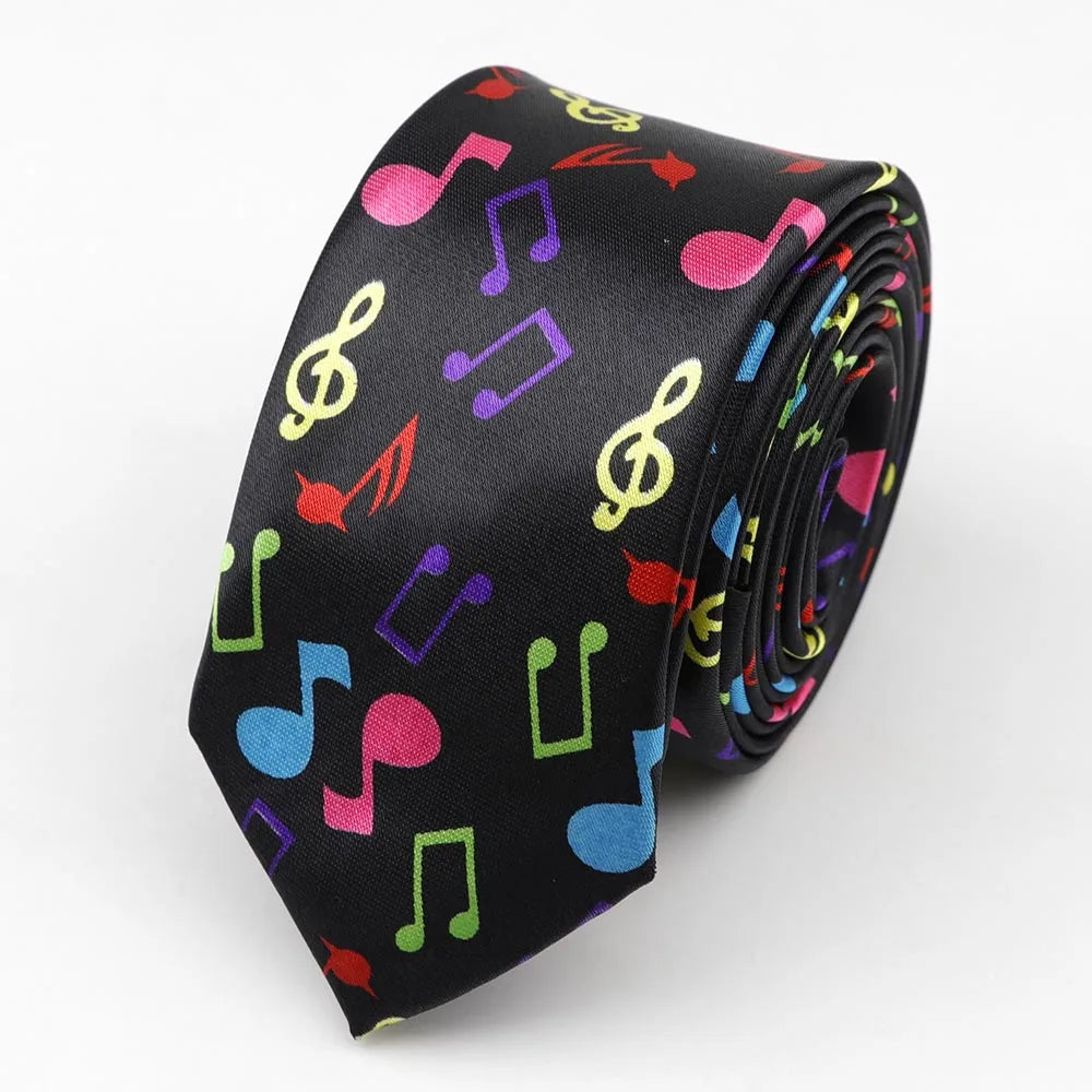 Classic fashion men’s black satin skinny tie colorful musical notes printed polyester 5cm width necktie party gift accessory