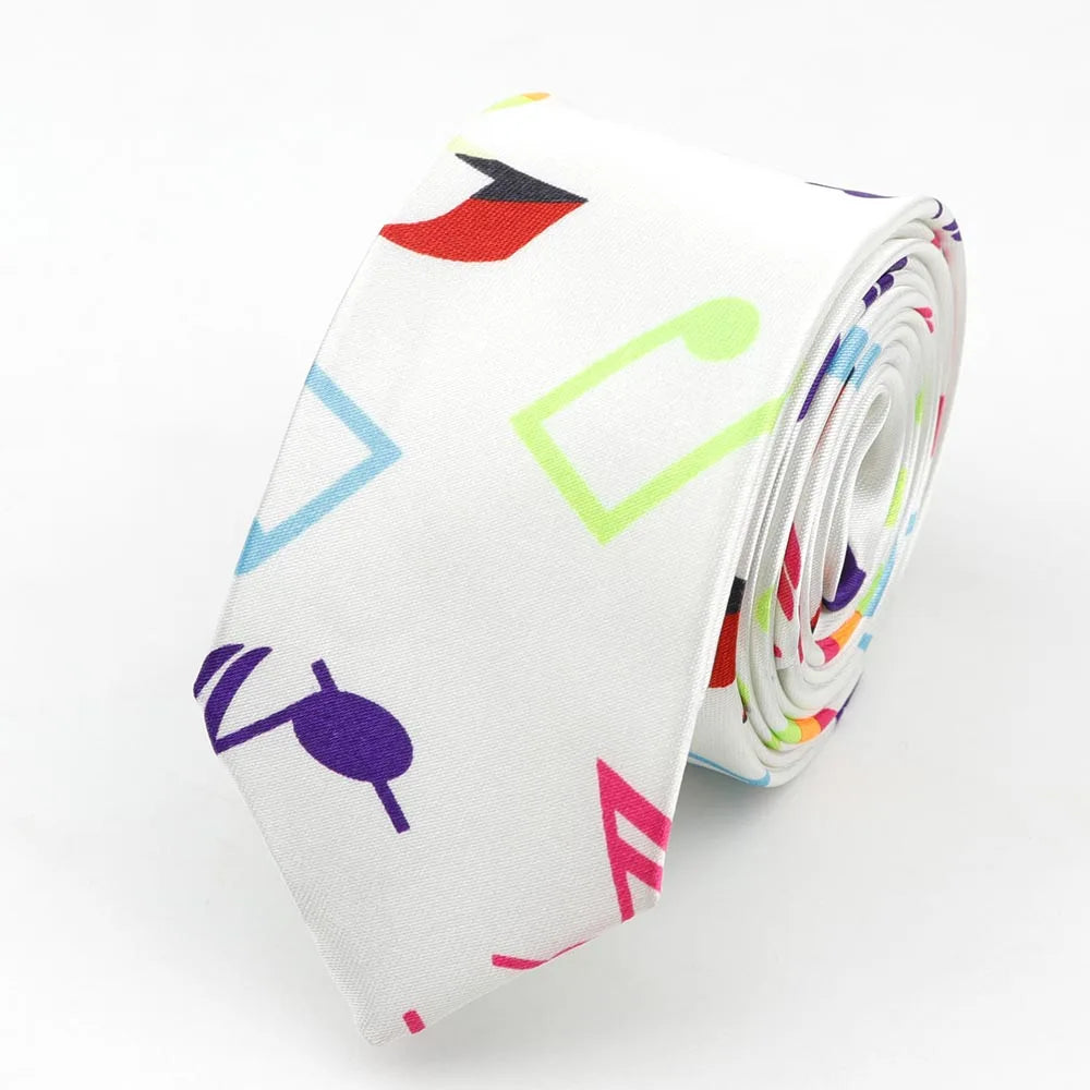 White polyester skinny tie colorful musical notes printed with 5cm width necktie ideal party gift accessory