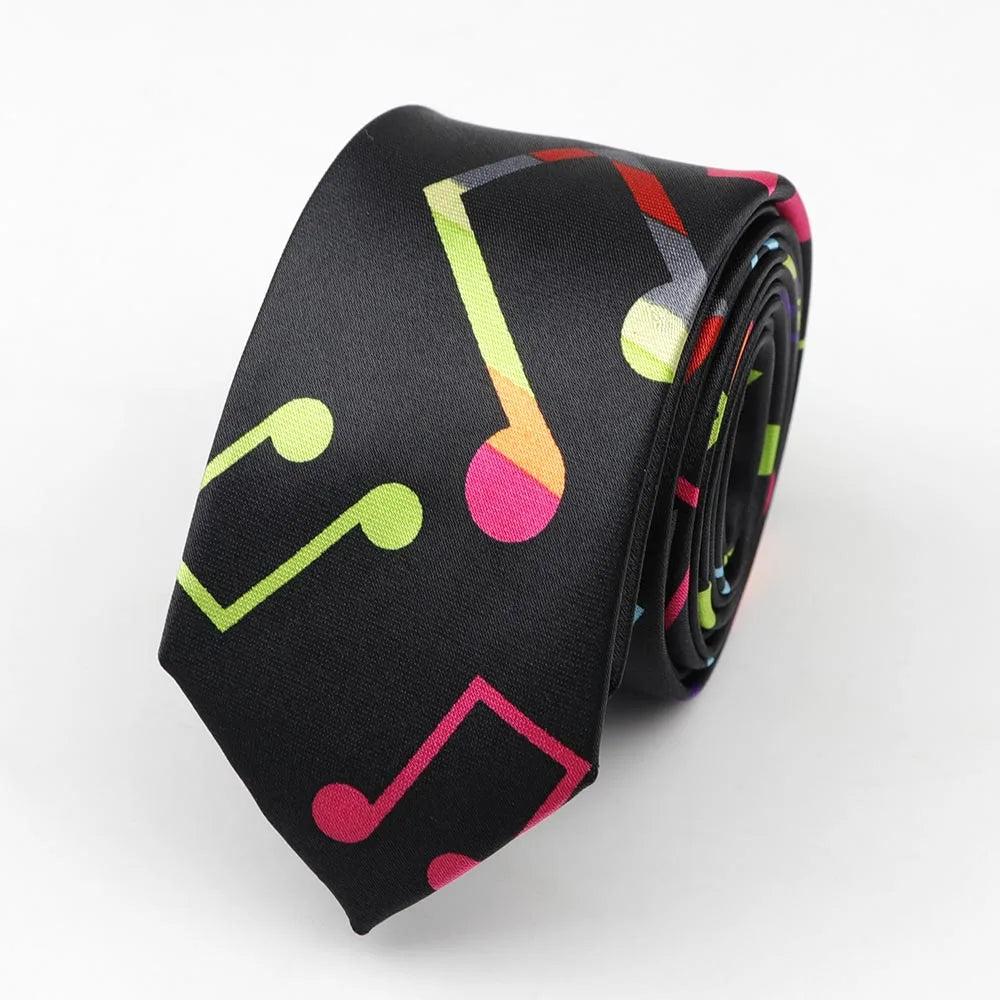 A black silk skinny tie colorful with neon green pink and orange musical notes printed polyester width necktie party gift