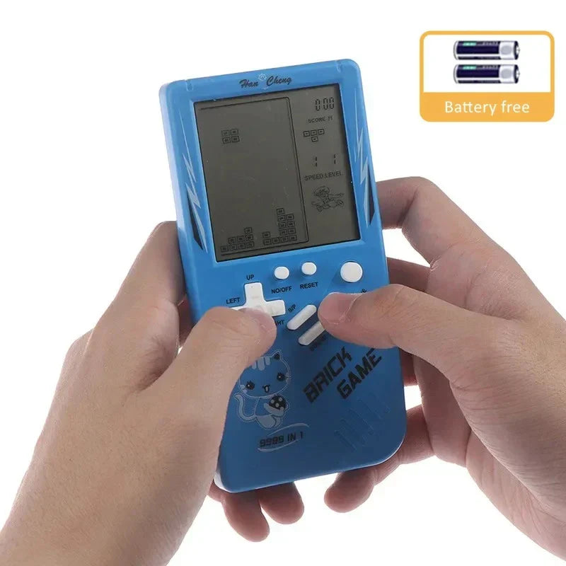 Blue classic handheld game brick device with white buttons and cartoon cat design kids game console toy with music playback