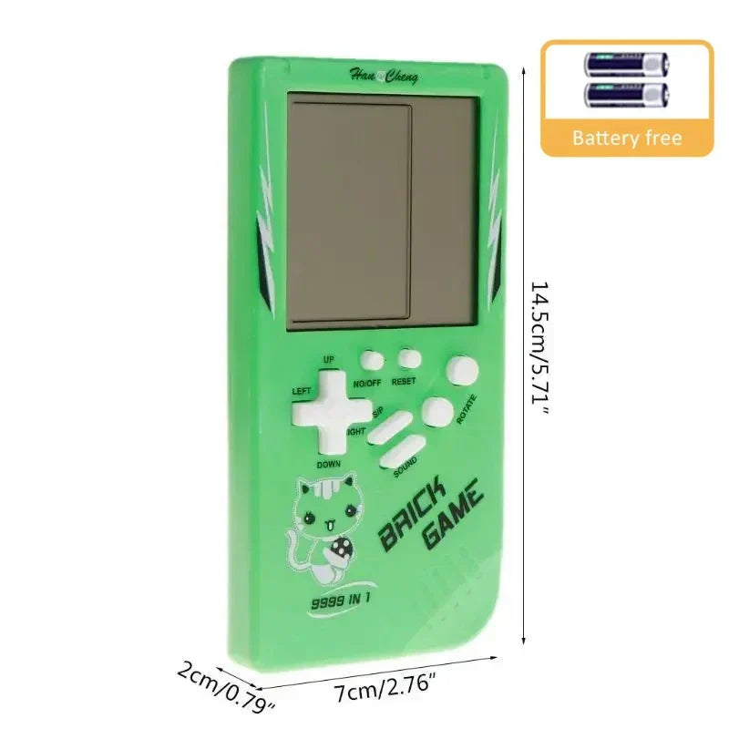 Green plastic classic handheld game console with cartoon cat design white buttons kids game console with music playback