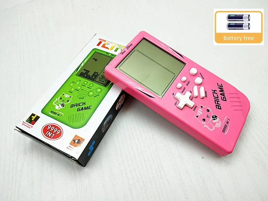 Pink classic handheld game console with white buttons and cute cat design for kids game and music playback