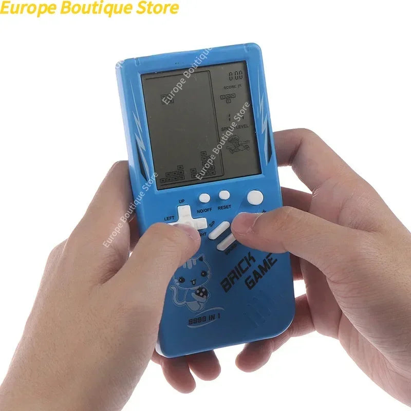Blue plastic classic handheld game console with cat design and brick game print for kids game console play