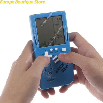 Blue plastic classic handheld game console with cat design and brick game print for kids game console play