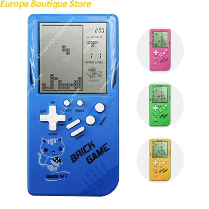 Blue plastic classic handheld game console with cartoon cat design and multiple color options for kids game play
