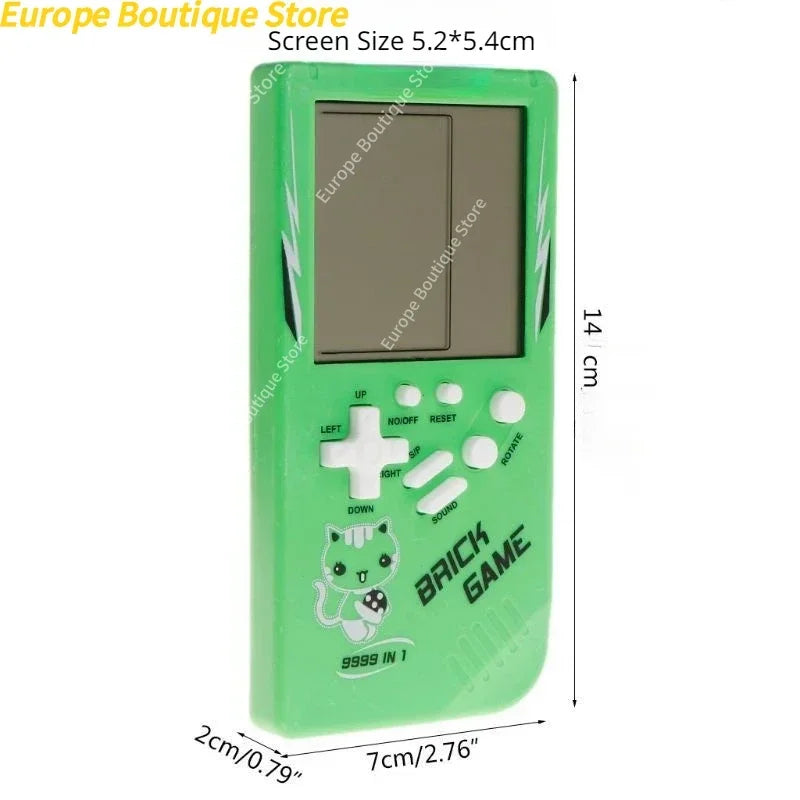 Green plastic classic handheld game console with cat illustration and brick game branding for kids game console use
