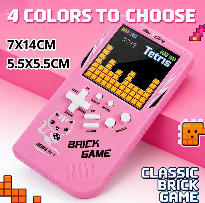 Pink plastic classic handheld game console with retro tetris screen and cat design for kids game console use