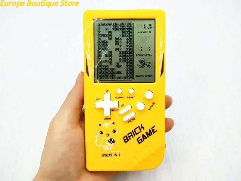 Yellow classic handheld game console with white buttons and cute cartoon cat design for kids game and music playback