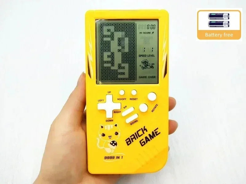 Bright yellow classic handheld game brick game with cartoon cat design kids game console featuring music playback