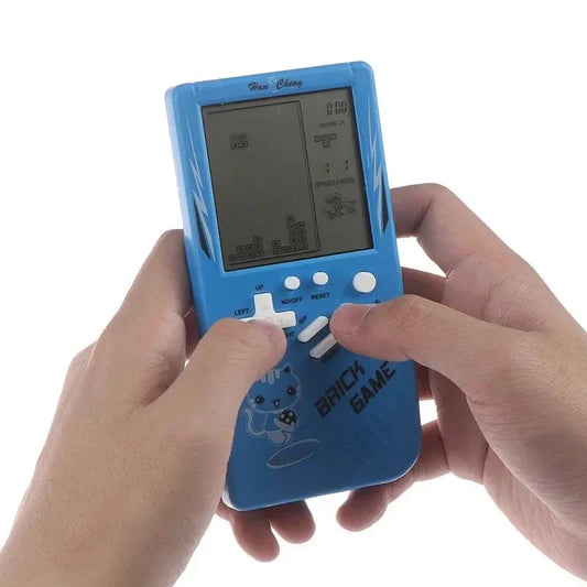 Blue classic handheld game console with white buttons cartoon cat design and music playback retro feature for kids