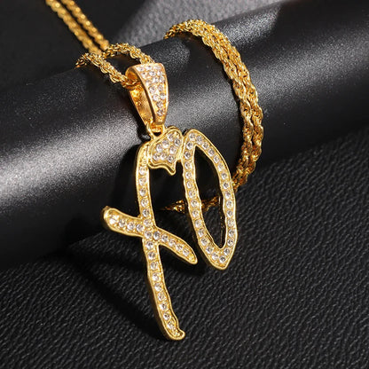 Gold-colored classic hip hop letter xo necklace with cubic zirconia pendant for rap party jewelry men and women