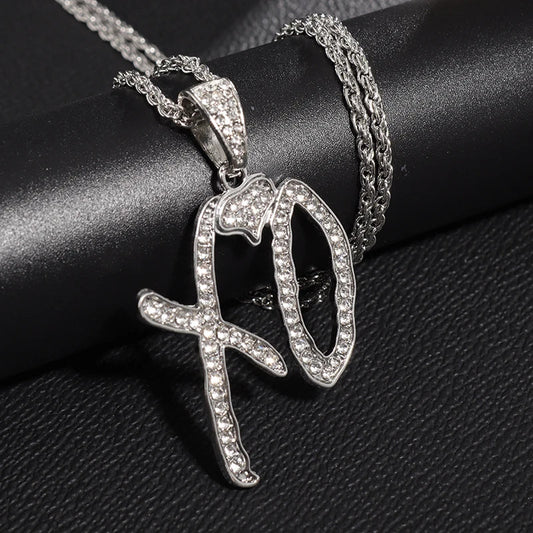 Silver rhinestone-encrusted xo pendant necklace with braided chain classic hip hop necklace cubic zirconia rap party jewelry
