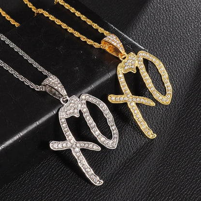 Two classic hip hop letter xo necklaces in gold-tone and silver-tone with cubic zirconia for rap party jewelry