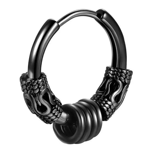 Black dragon-themed stainless steel huggie earring with textured scales and central spiral bead for gothic style