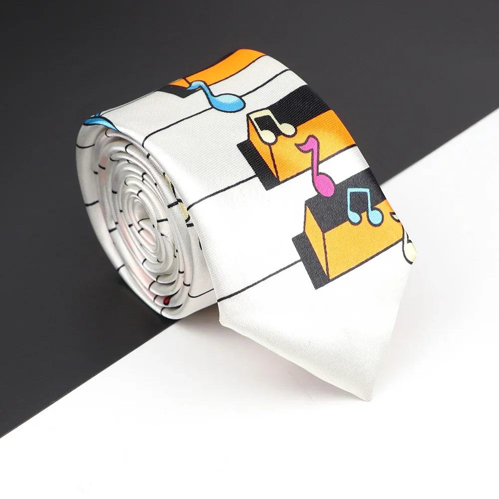 A classic musical notes printed tie in white silk with vibrant piano key and colorful notes, silky narrow neckties design