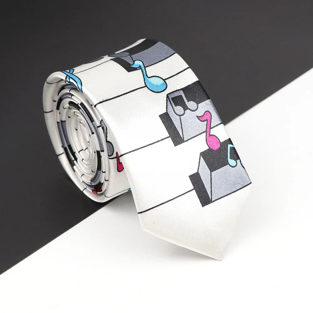 White silk classic musical notes printed tie with colorful piano key design in silky narrow neckties style