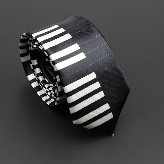 A sleek black classic musical notes printed tie with white piano key pattern made of silky narrow neckties fabric