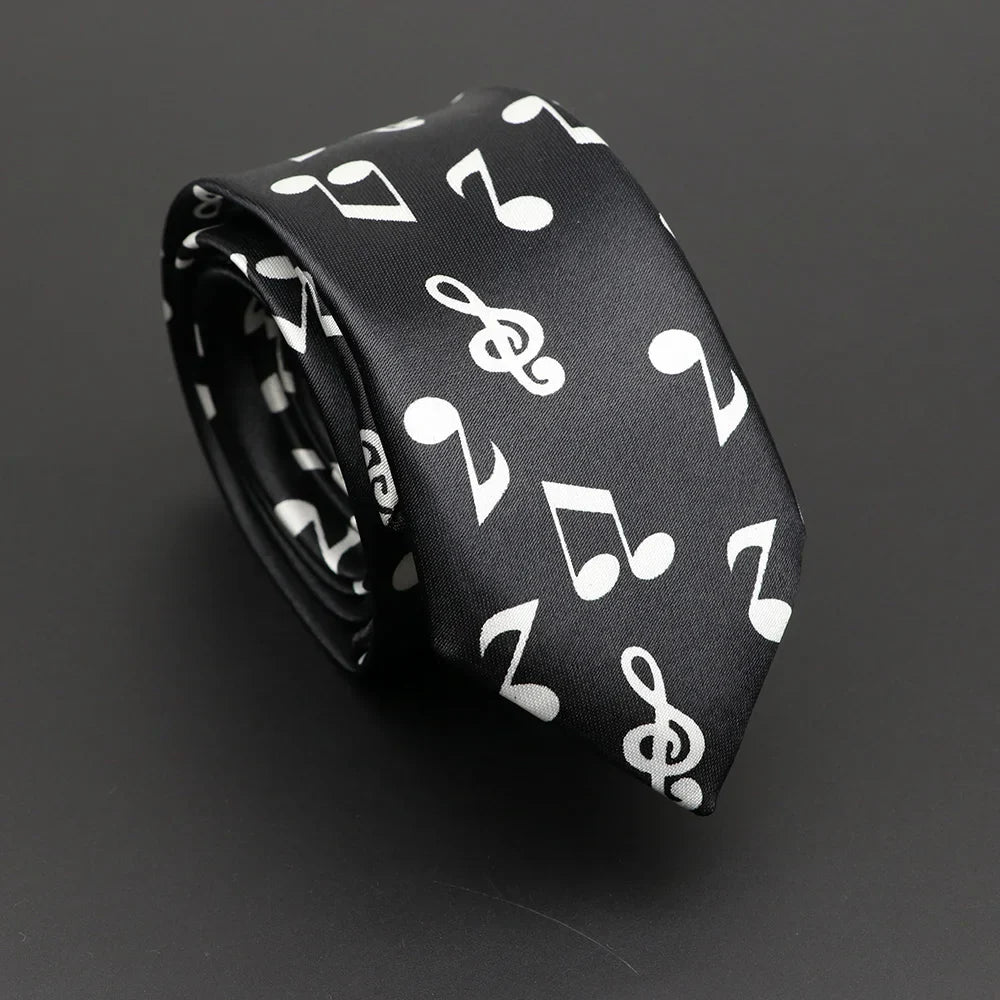 Black silky narrow necktie with a classic musical notes pattern featuring white notes printed tie design