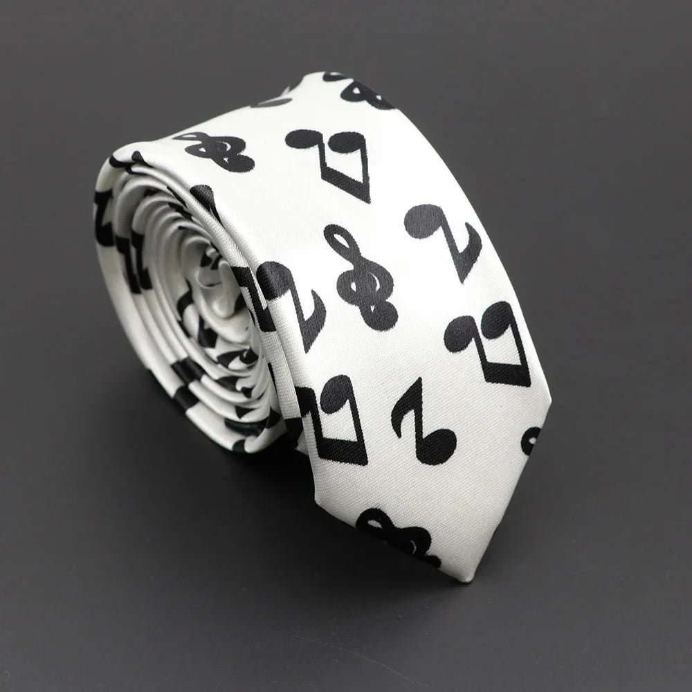 Classic musical notes silky narrow necktie in white with black notes printed tie perfect for elegant unisex wear