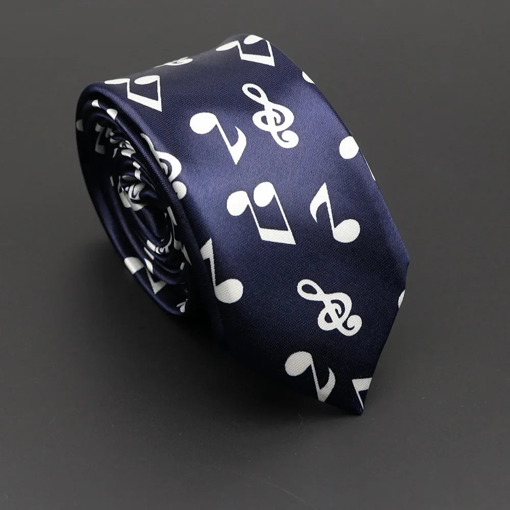 A navy blue classic musical notes silky narrow necktie with white notes printed tie pattern for elegant use