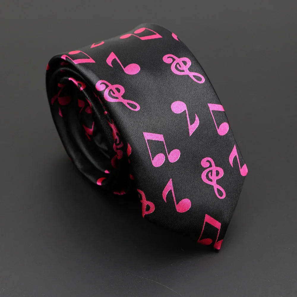 A sleek black classic musical notes silky narrow necktie with vibrant pink notes printed tie design for elegant wear