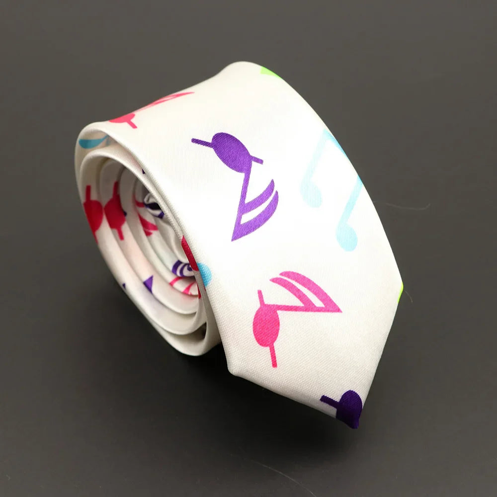 A classic musical notes silky narrow necktie in white with colorful pink purple and light blue notes printed pattern