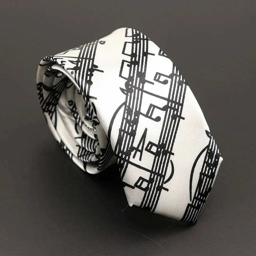 A classic musical notes white silk tie featuring a black notes printed pattern in silky narrow neckties style